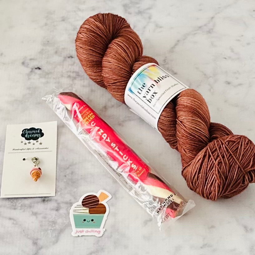 Yarn Bliss Box August 2023 (COMPLETE PAST BOX w/ONE tonal skein + goodies)